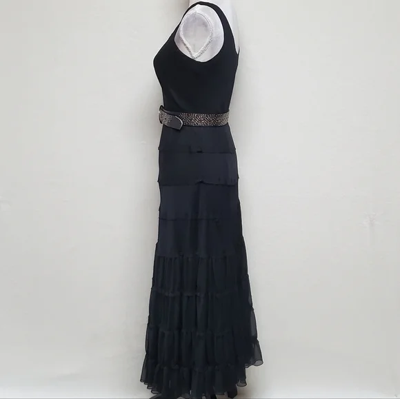 𝅺VINTAGE Jones Wear Black Chiffon Sleeveless Tiered Ruffle Full Skirt Midi Dres - Picture 9 of 15